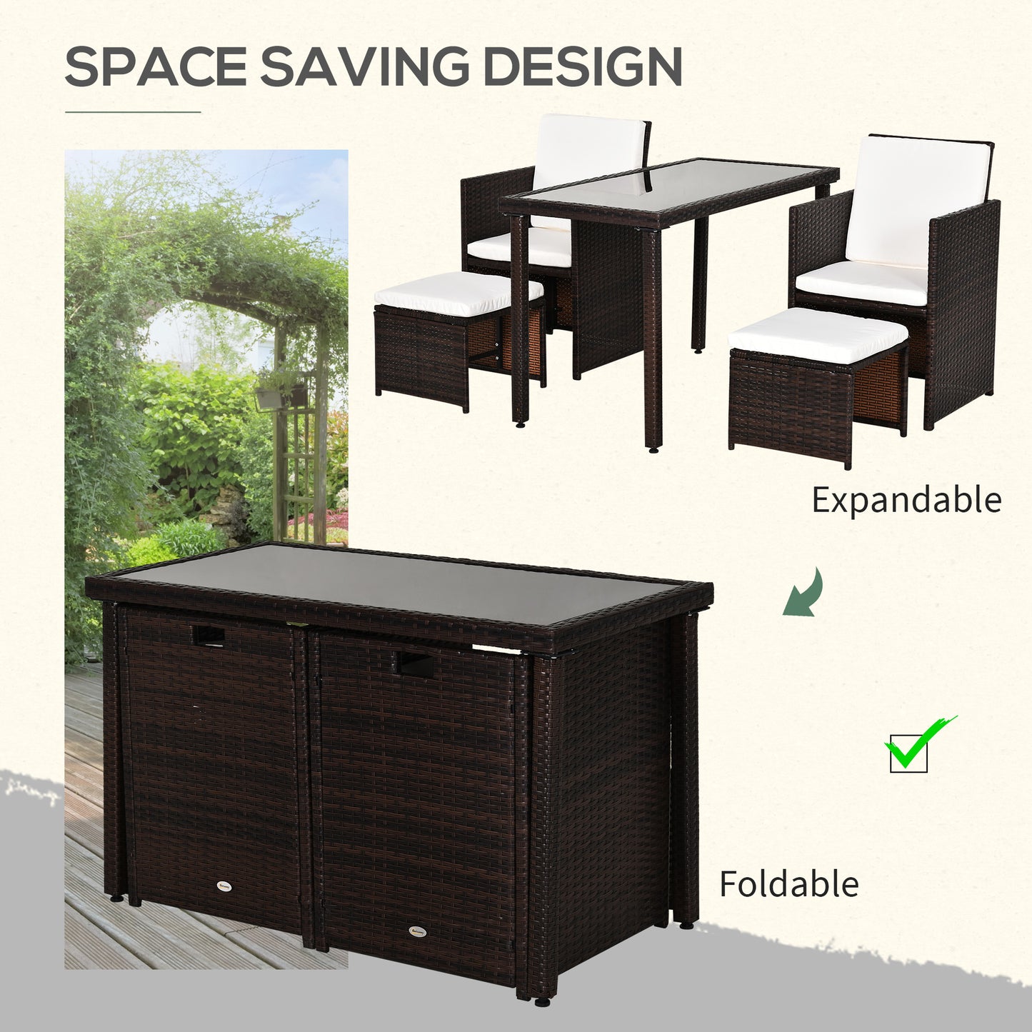 2 Seater Rattan Cube Garden Furniture Set, Rattan Dining Set With Cushions, Outdoor Dining Table And Chairs With 2 Armchairs, 2 Stools, Rectangular Glass Top Table For Patio, Balcony, Brown