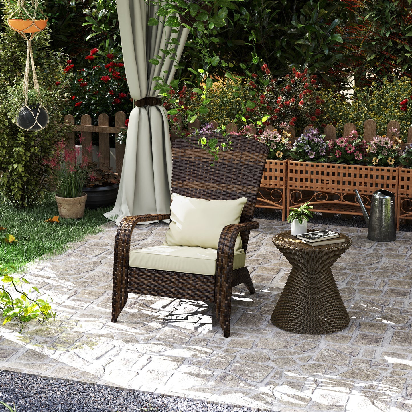 Patio Adirondack Chair With Rattan Wicker, Soft Cushions, Tall Curved Backrest For Deck Or Garden, Cream White