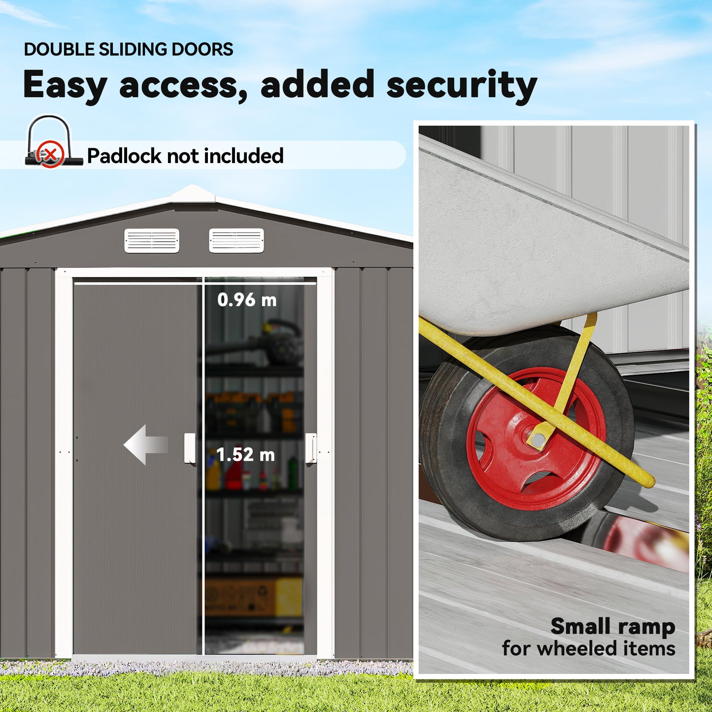 9 X 6FT Outdoor Garden Roofed Metal Storage Shed Tool Box With Foundation Ventilation & Doors Light, Grey