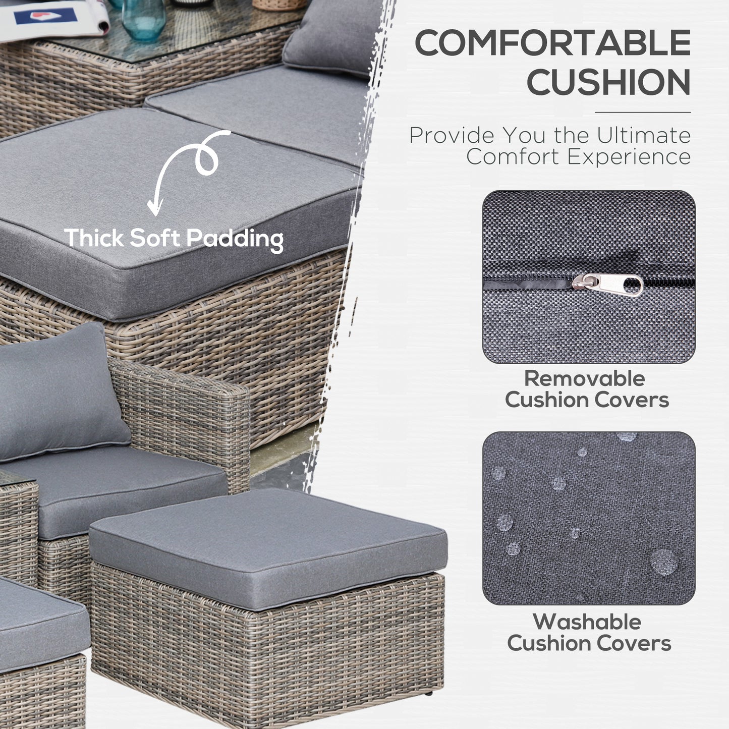 5 Piece Rattan Garden Furniture Set W/ 10cm Thick Cushions, Aluminium Frame Wicker Outdoor Balcony Sofa Set With Corner Armchairs, Ottomans, And Glass Top Table, Mixed Brown