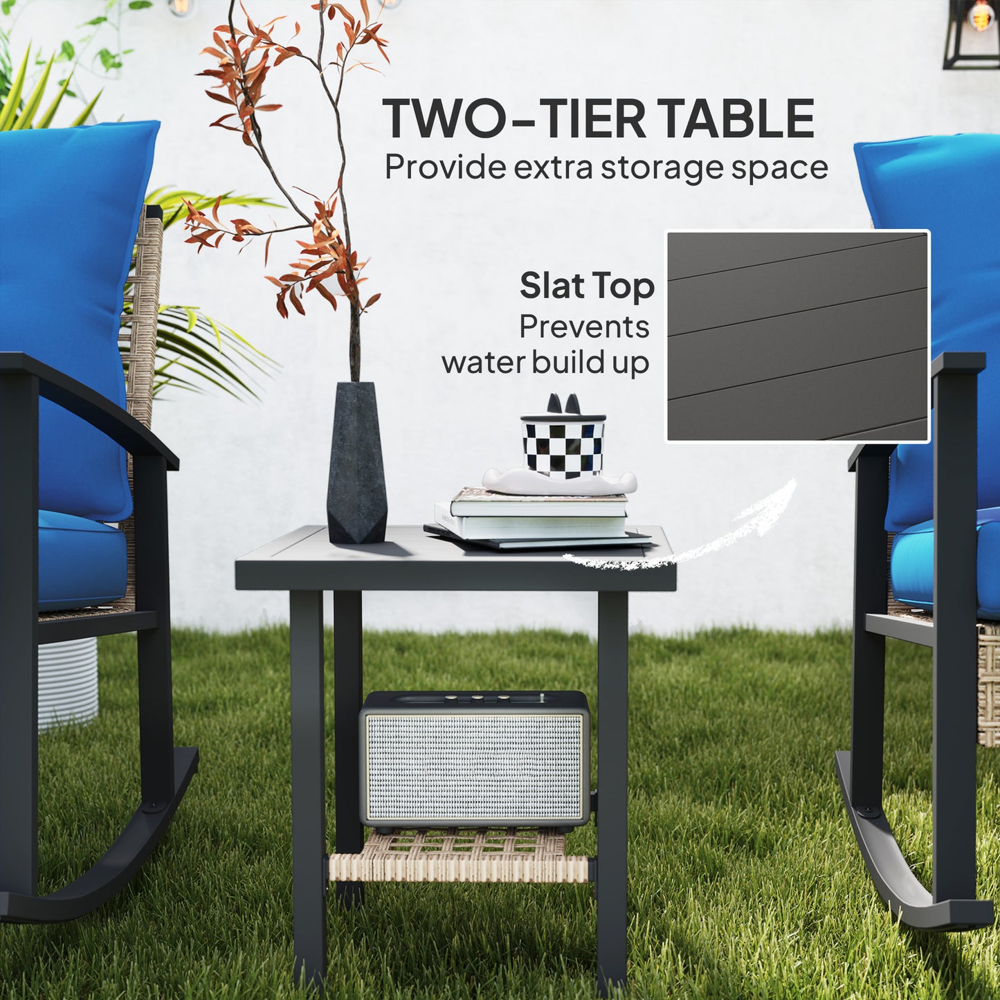 3 Pieces Bistro Set, Patio Wicker Furniture Set With Button Tufted Cushions, Rattan Rocking Chairs, Coffee Table, Blue