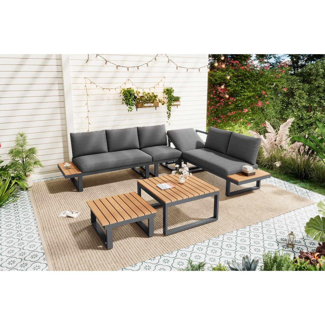 5-6 Seater Garden Lounge Set, Galvanized Iron Frame Outdoor Patio Furniture, 6-Piece Set, Reclining & Adjustable Seating, 2 WPC Tabletop Table Included, Gray Fabric Black Frame
