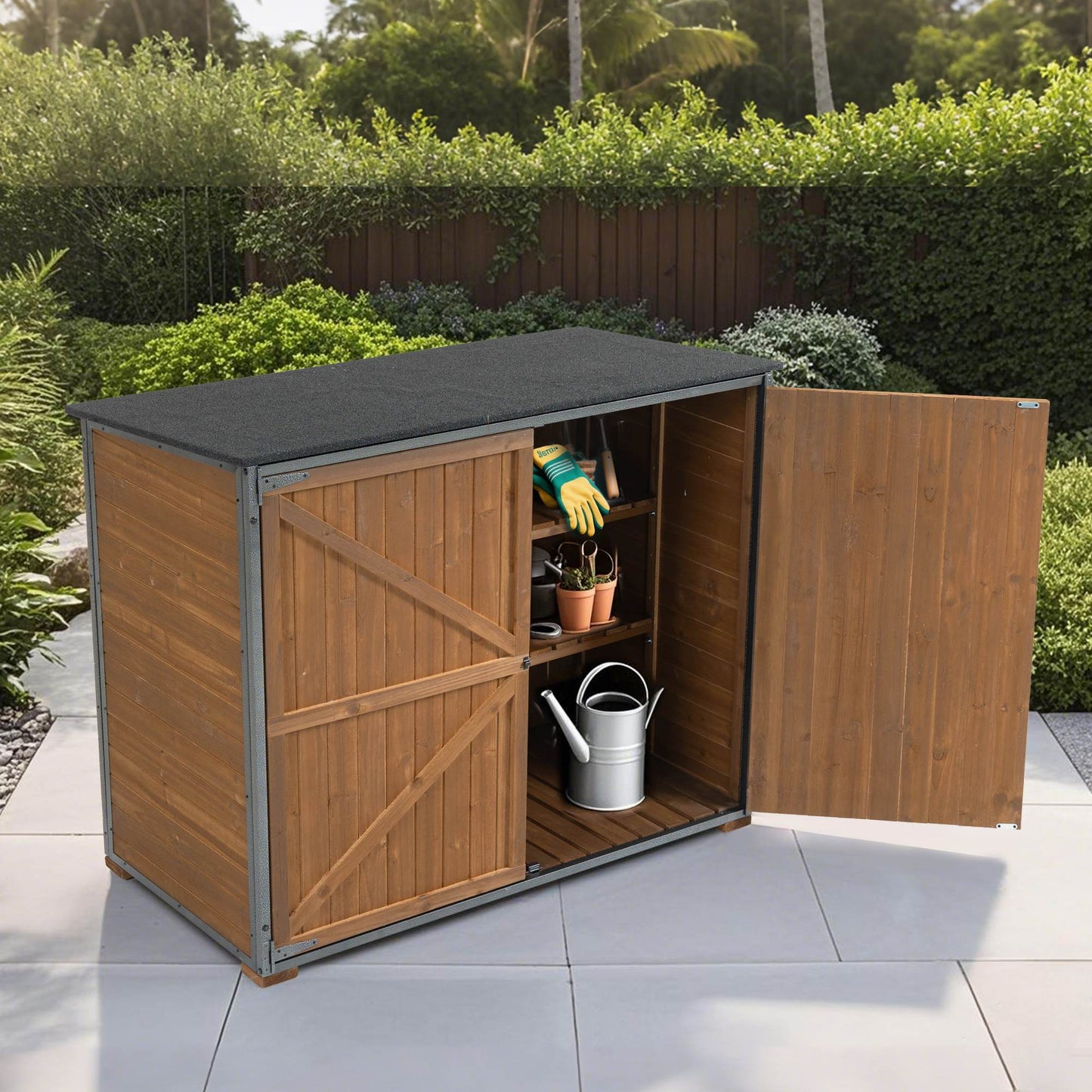 Outdoor Storage Cabinet 50.4L X 26.8W X 41H Ft Garden Shed Tool Shed With Metal Frame Structure For Garden Patio Lawn Brown