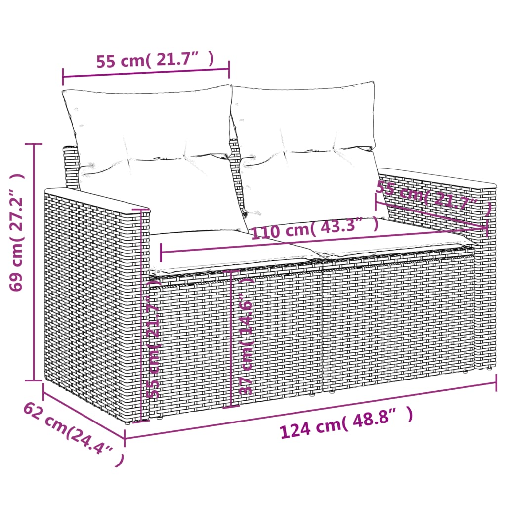 Garden Sofa with Cushions, 2-Seater, Poly Rattan