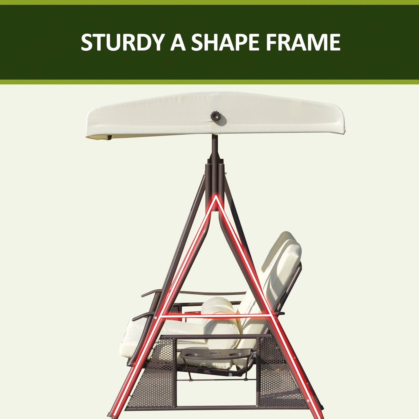2-Person Patio Swing Bench with Adjustable Shade Canopy, Soft Cushions, Throw Pillows and Tray, Beige.