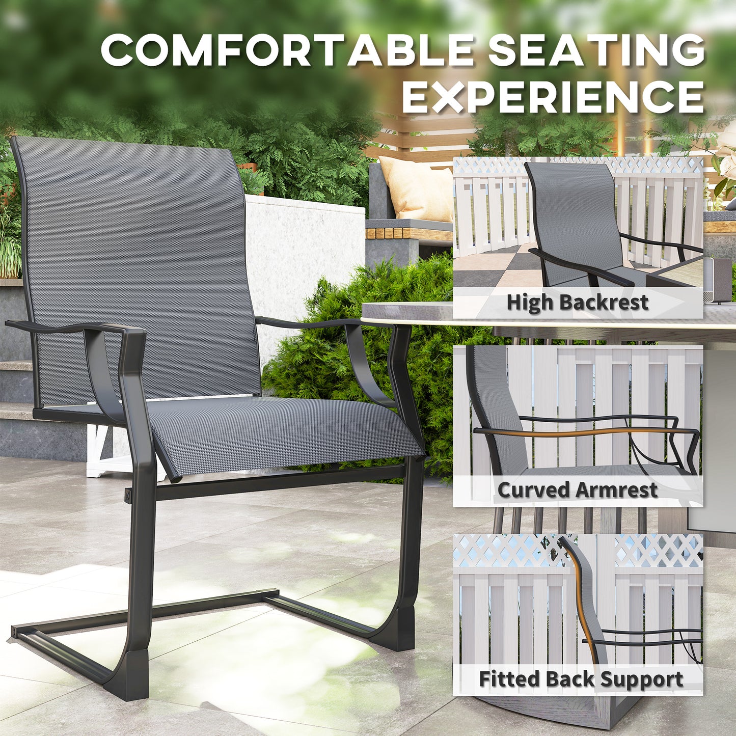 Patio Dining Chairs Set Of 2 With High Backrest, Armrest, Breathable Fabric & Metal Frame, 256LBS, Light Gray