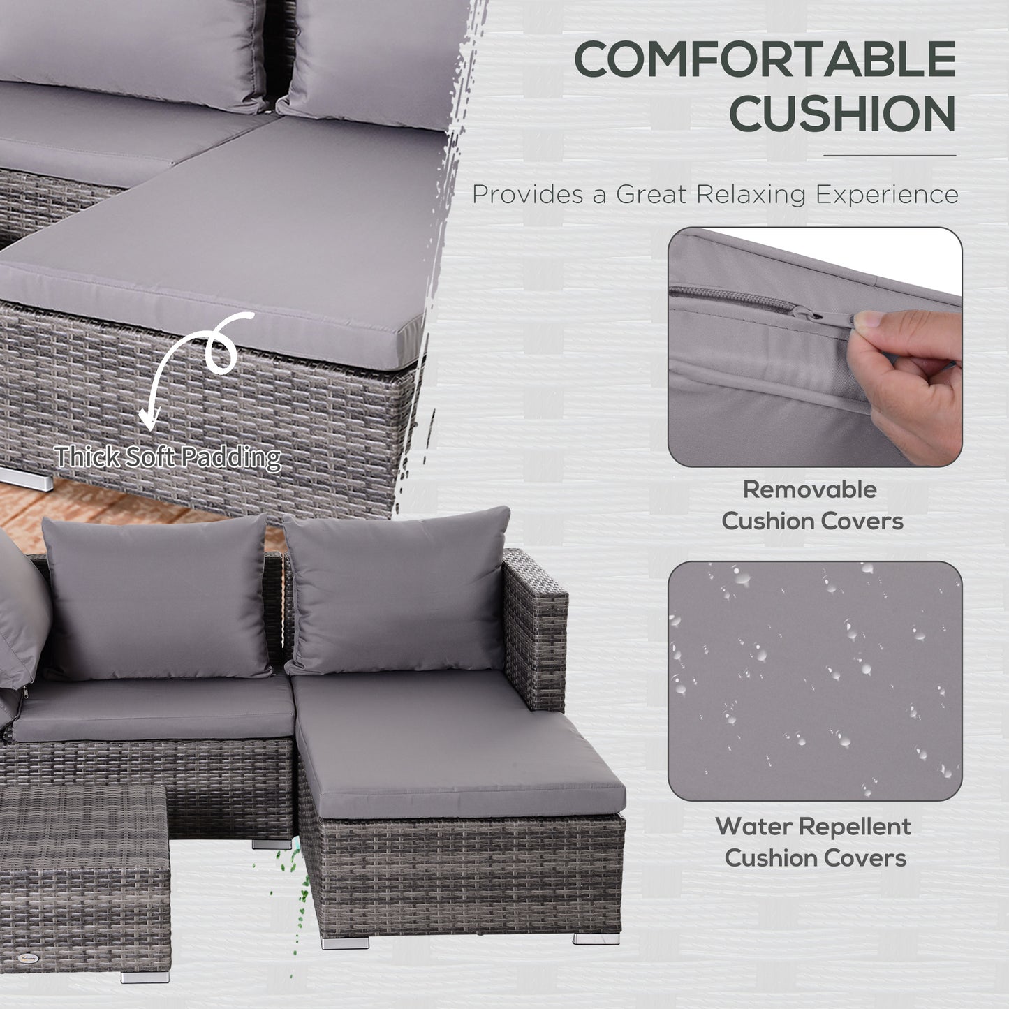 3PC Rattan Garden Furniture Storage Sofa Set 4 Seater Wicker Coffee Table Conservatory Sun Lounger Reclining Set Outdoor Weave With Cushion Grey