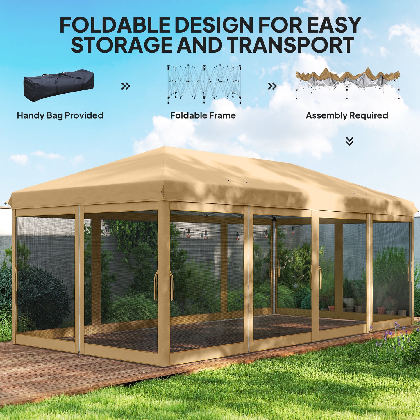 10' X 20' Pop Up Canopy Tent With Netting, Heavy Duty Instant Sun Shelter, Large Tents For Parties With Carry Bag For Outdoor, Garden, Patio, Beige
