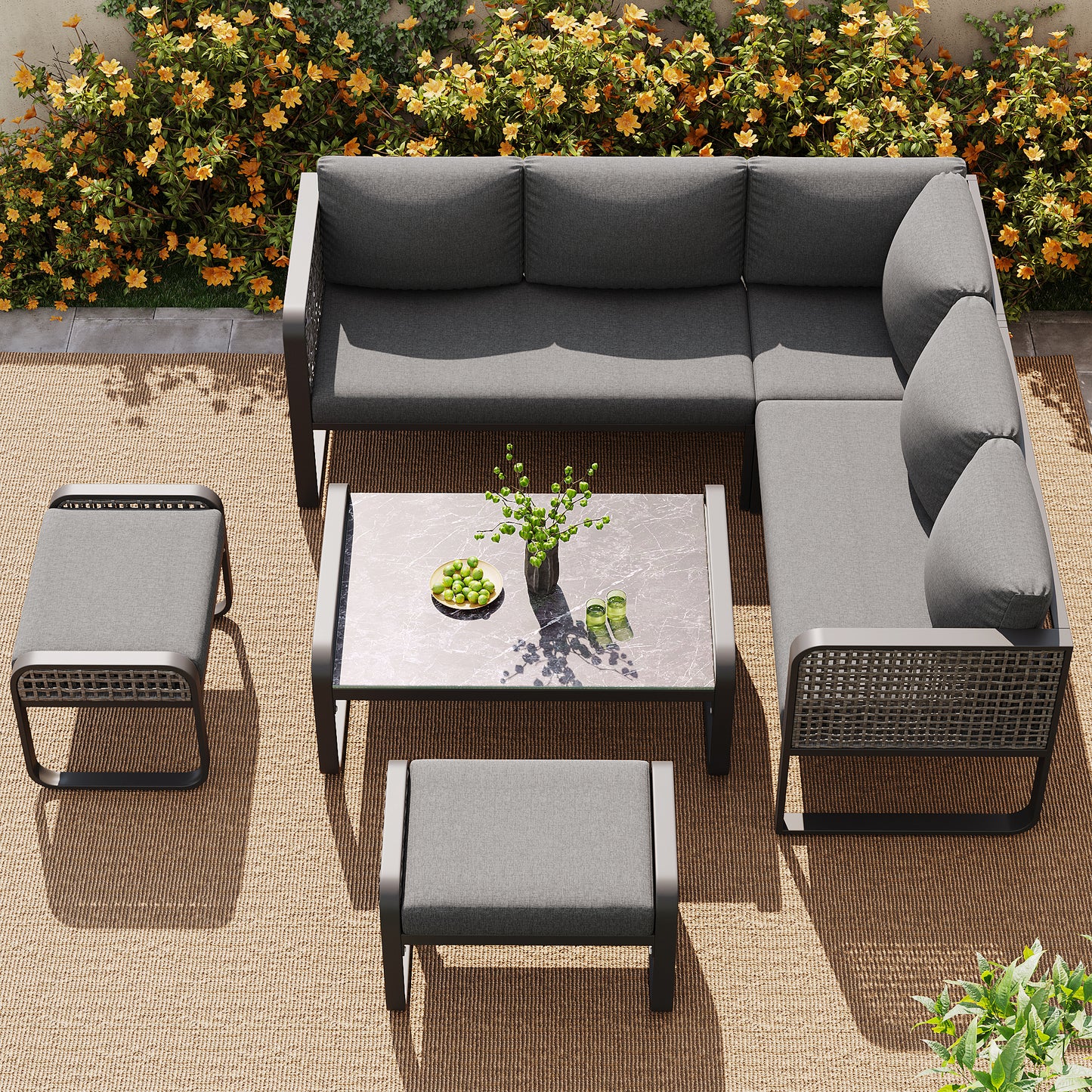 Outdoor Garden Lounge Set, Rattan Furniture Set For 6-7 People, Corner Sofa With Galvanised Iron Frame, Adjustable Legs, Includes All Seat And Back Cushions, Grey