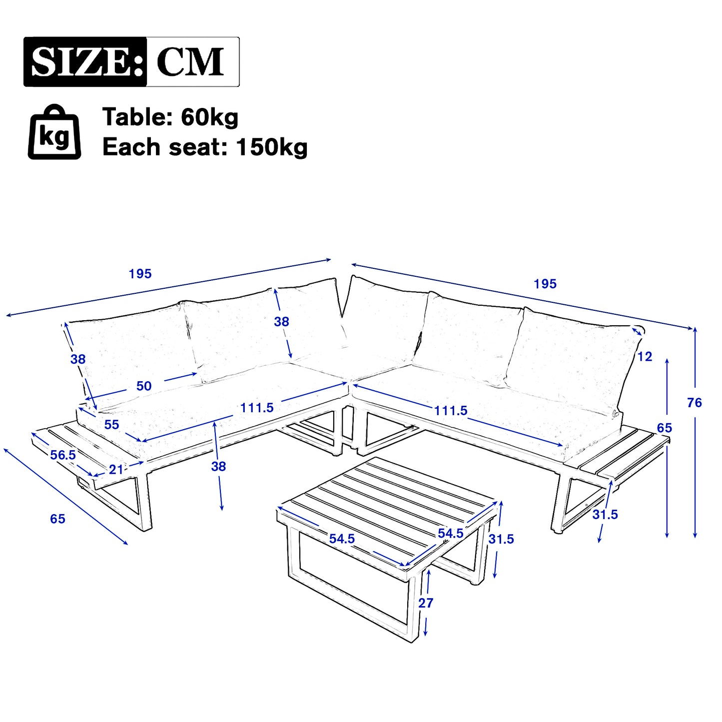 4-5 Seater Garden Lounge Set, Galvanized Iron Frame Outdoor Patio Furniture, 4-Piece Set, Reclining & Adjustable Seating, WPC Tabletop Table Included, Beige Fabric Dark Gray Frame.
