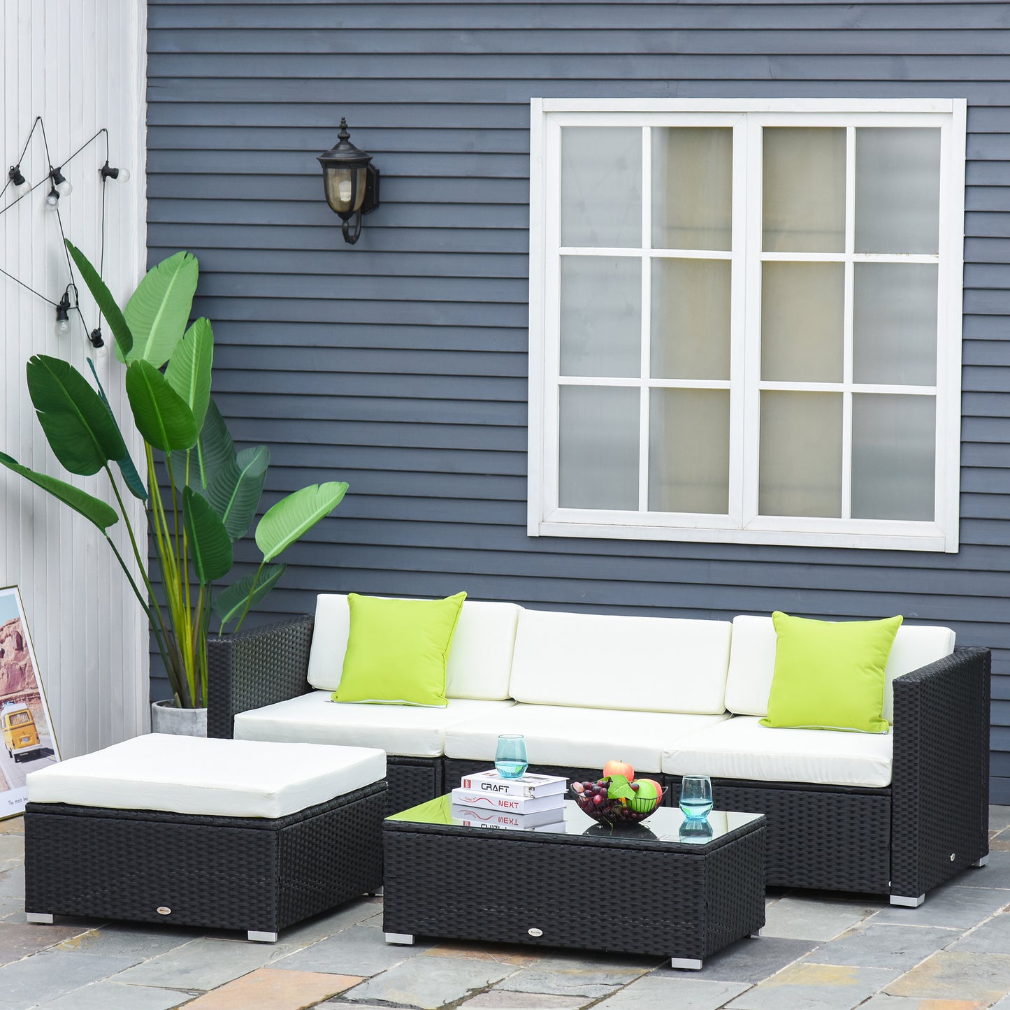 White Rattan Garden Furniture 4-Seater Outdoor Sofa Set With Coffee Table - White
