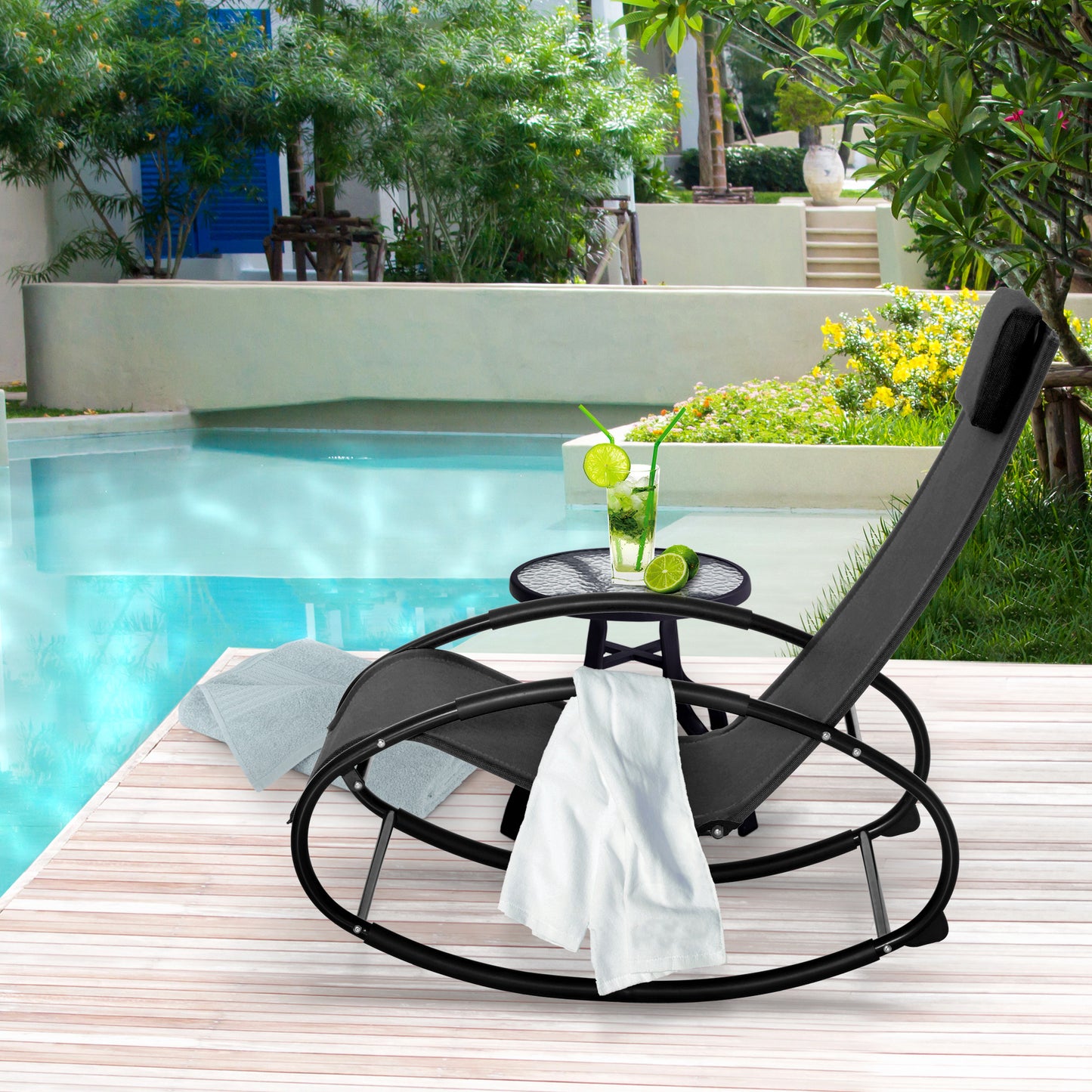 Patio Rocking Chair, Outdoor Chaise Lounger With Headrest Pillow And Breathable Fabric For Backyard, Living Room, Deck And Poolside, Black