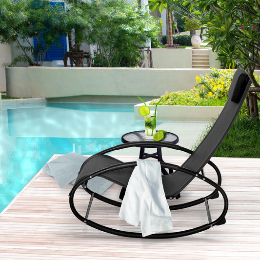 Patio Rocking Chair, Outdoor Chaise Lounger With Headrest Pillow And Breathable Fabric For Backyard, Living Room, Deck And Poolside, Black