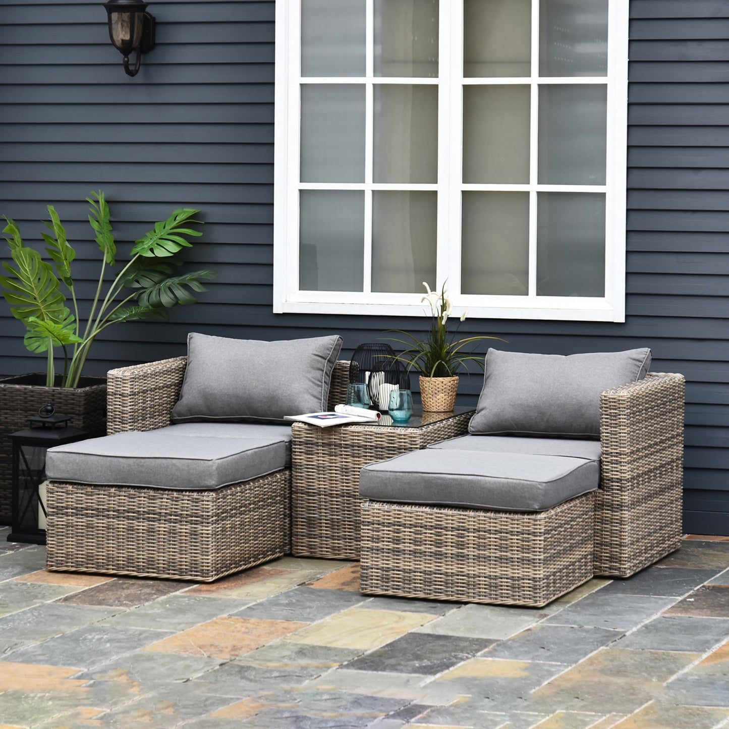 5 Piece Rattan Garden Furniture Set W/ 10cm Thick Cushions, Aluminium Frame Wicker Outdoor Balcony Sofa Set With Corner Armchairs, Ottomans, And Glass Top Table, Mixed Brown