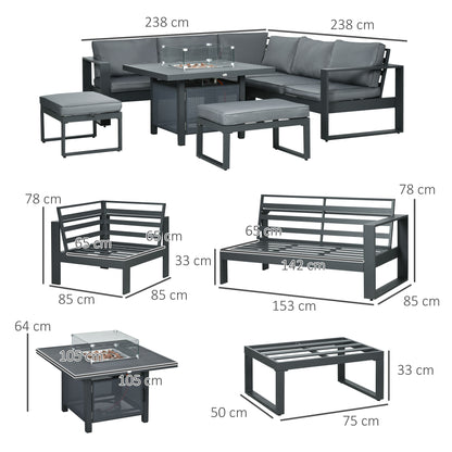 6-Piece Aluminium Garden Furniture Set With Fire Pit Table, Outdoor Dining Sofa Set With Cushions, Loveseats And Footstools, Sectional Corner Conservatory Furniture For Patio, Grey
