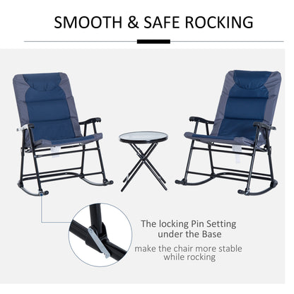 3 Piece Blue Rocking Bistro Set  Patio Chairs   Glass Coffee Table