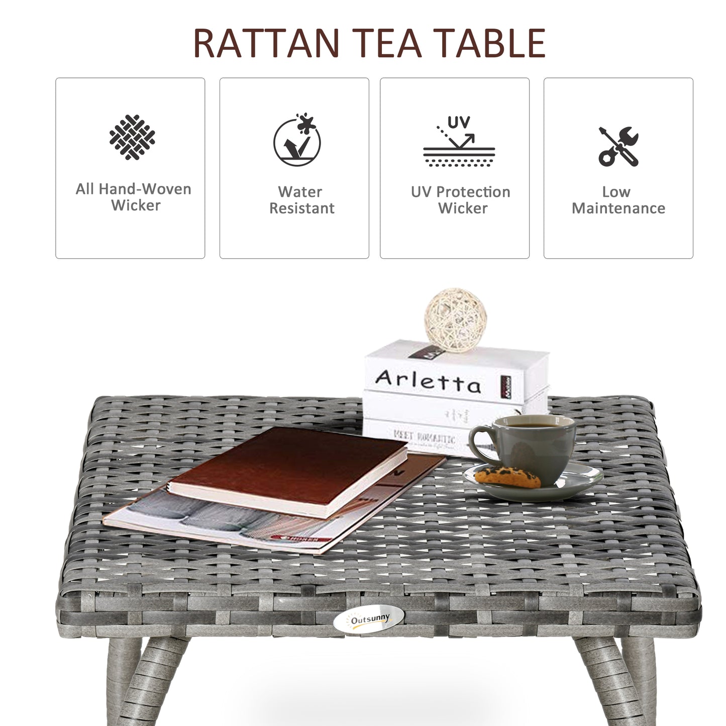 Rattan Wicker End Table All-Weather Side Table For Outdoor Garden Balcony Backyard Gray