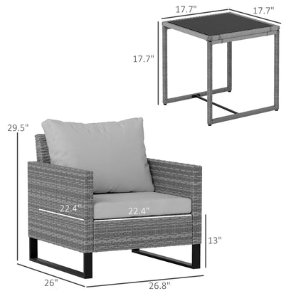 Patio Set, Wicker Bistro Set With Cushions, Rattan Chairs, Glass Coffee Table For Backyard, Porch, Balcony, Gray