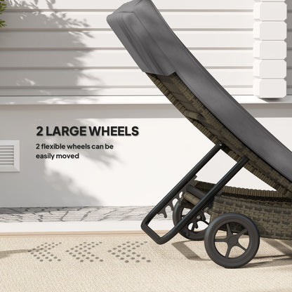 Patio Wicker Chaise Lounge Chair, Outdoor PE Rattan Sun Lounger With Adjustable Backrest And 2 Wheels, Gray