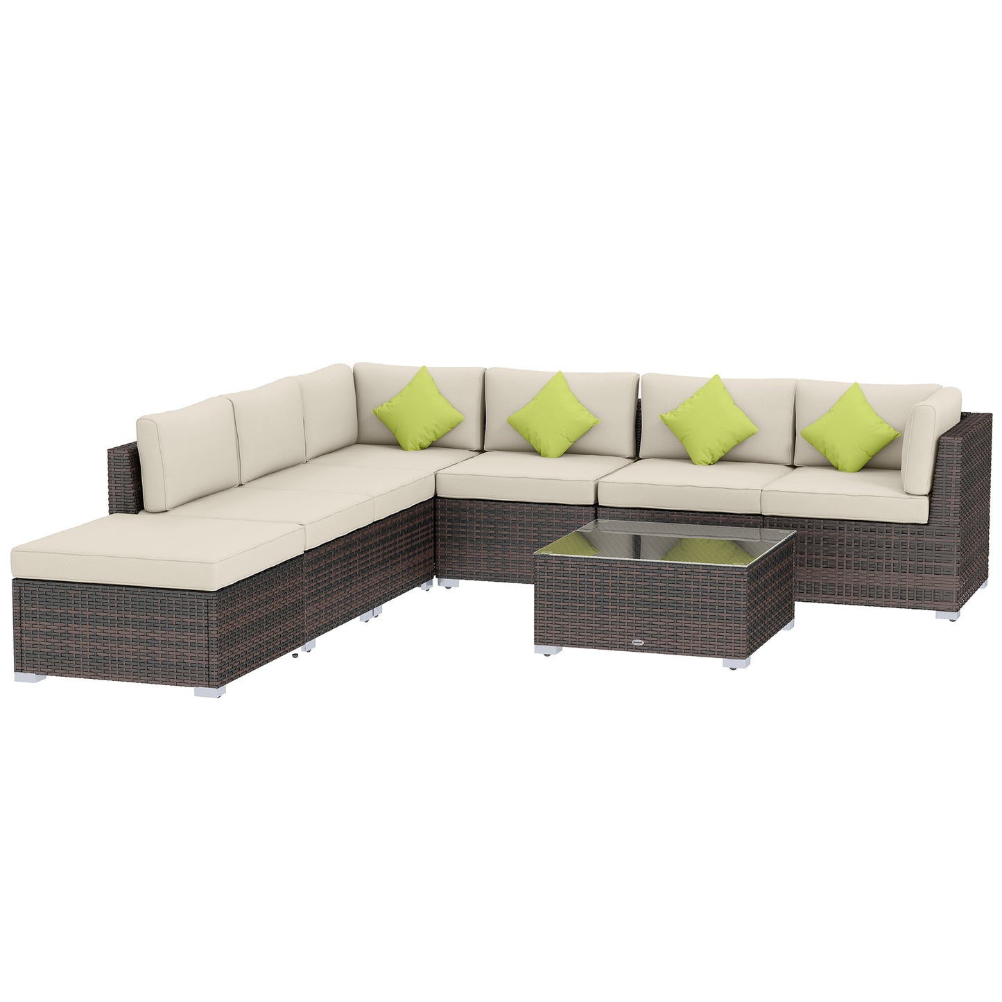 8 Piece Rattan Corner Sofa Set With Wide & Deep Seat, Assembled Aluminium PE Rattan Garden Furniture Set With Thick Cushions And Glass Top Table For Outdoor, Conservatory, Mixed Brown
