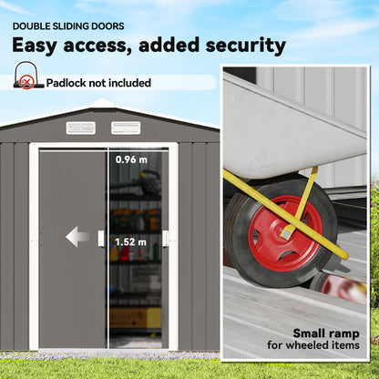 9 X 6FT Outdoor Garden Roofed Metal Storage Shed Tool Box With Foundation Ventilation & Doors Light, Grey