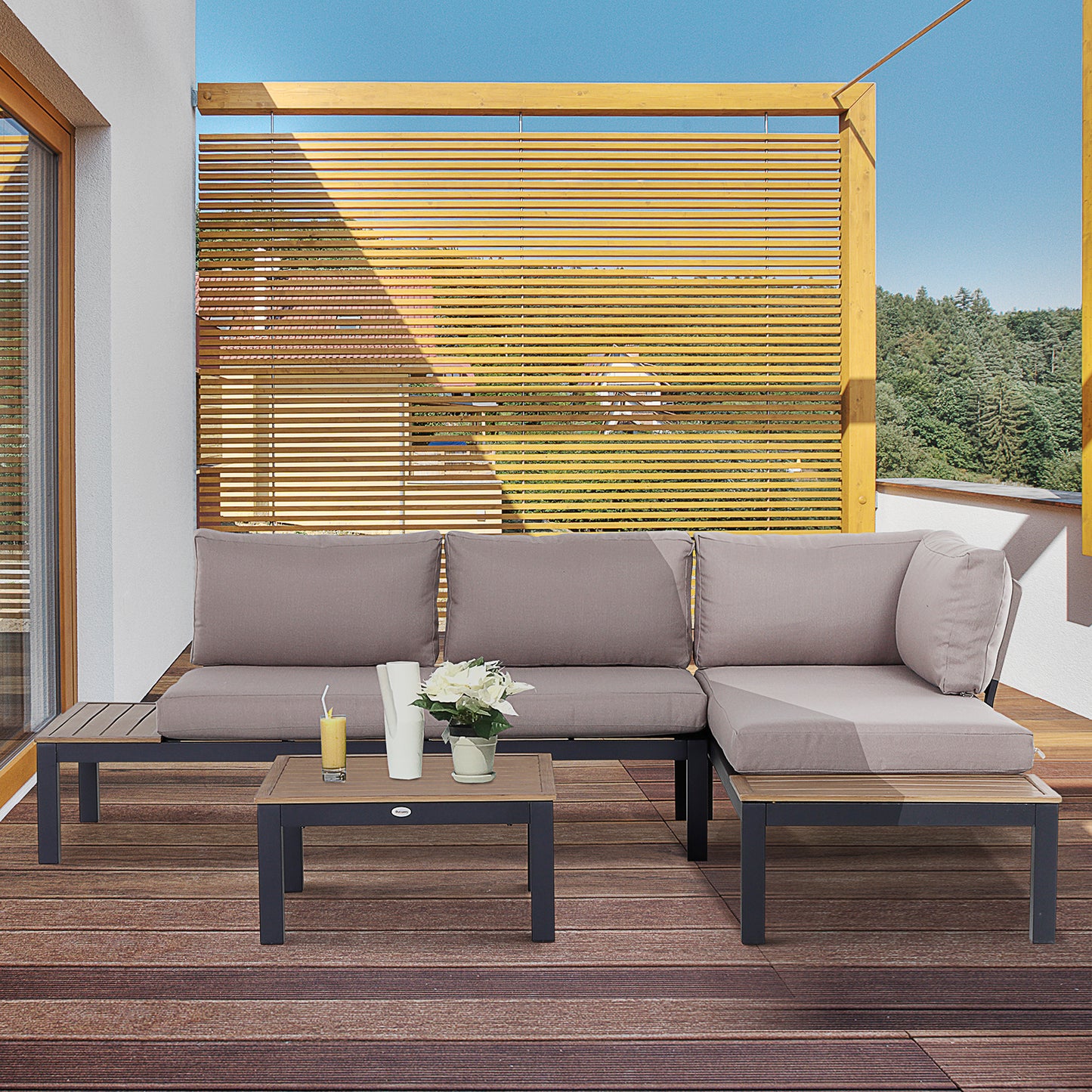 3 Pieces Garden Furniture Set, Aluminium 4 Seater Corner Sofa Set With 2 Loveseats, Coffee Table And Side Trays, Outdoor Conversation Furniture With Cushions For Garden, Black