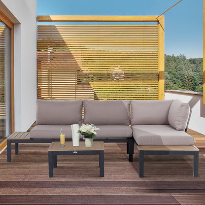3 Pieces Garden Furniture Set, Aluminium 4 Seater Corner Sofa Set With 2 Loveseats, Coffee Table And Side Trays, Outdoor Conversation Furniture With Cushions For Garden, Black