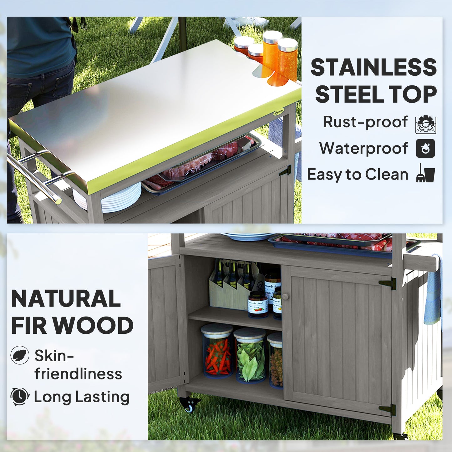 Outdoor Grill Cart W/ Stainless Steel Top, Solid Wood Outdoor Kitchen Island W/ Wheels, Storage Cabinets, Gray