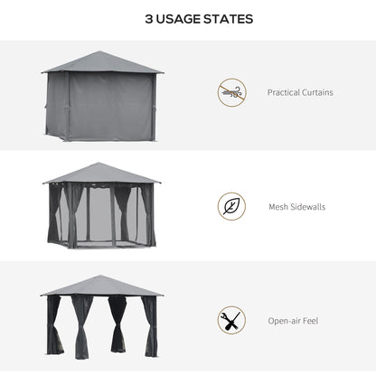 10'x10' Covered Gazebo, Outdoor Patio Gazebo With Mesh Sidewalls And Privacy Curtains, Canopy Pergolas In Black