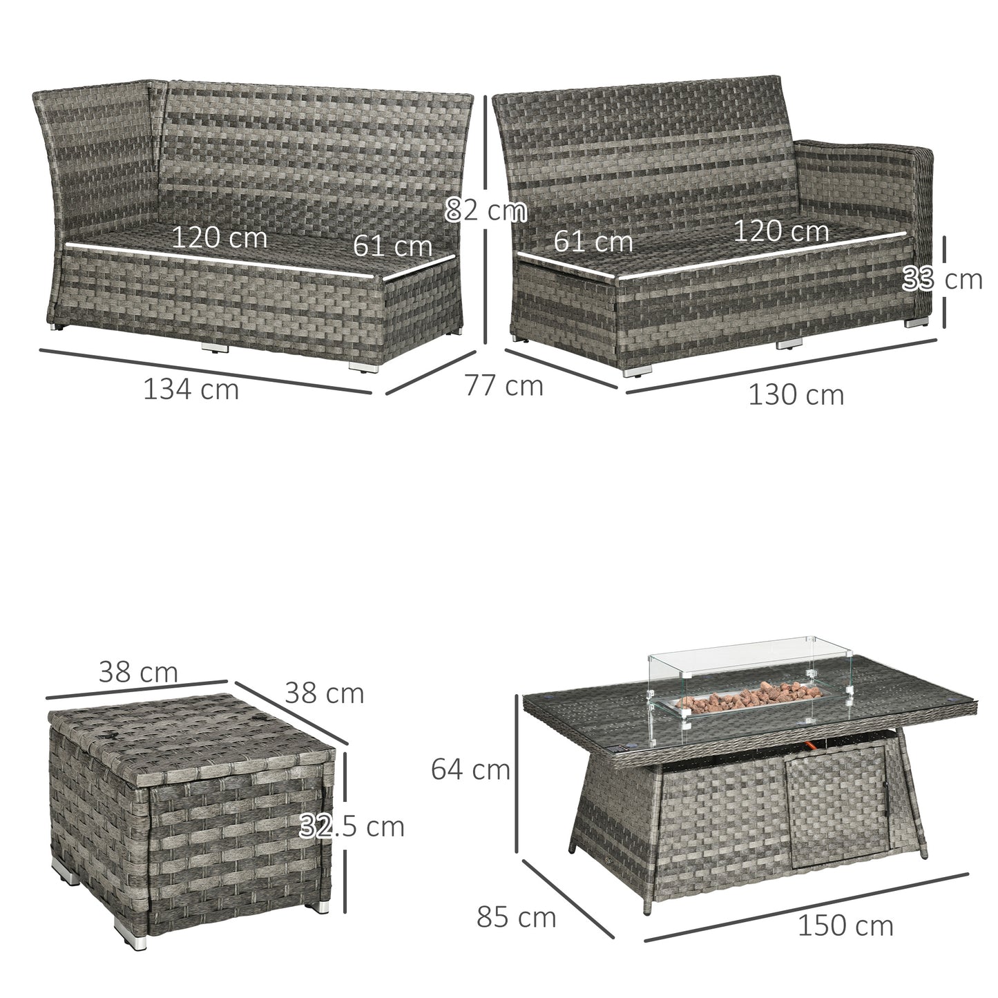 Seven-Piece Firepit Table Rattan Sofa Set - Grey