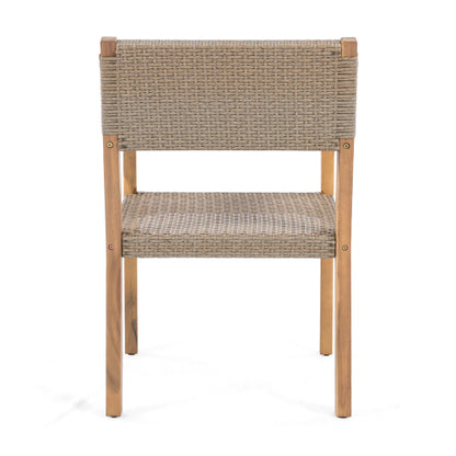 Outdoor Dining Chairs Set Of 2, Light Teak Acacia Wood Frame And Multi Light Brown PE Wicker, Ideal For Patios, Gardens