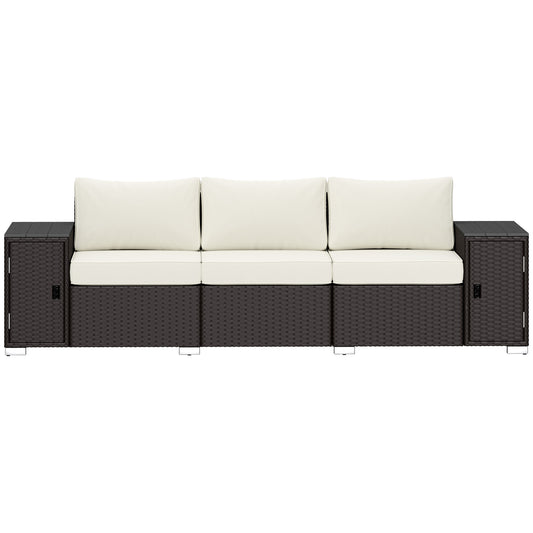 3 Seater Wicker Outdoor Couch Patio Sofa With Storage, Thickened Cushions And Wide Armrests For Porch Yard, Cream White