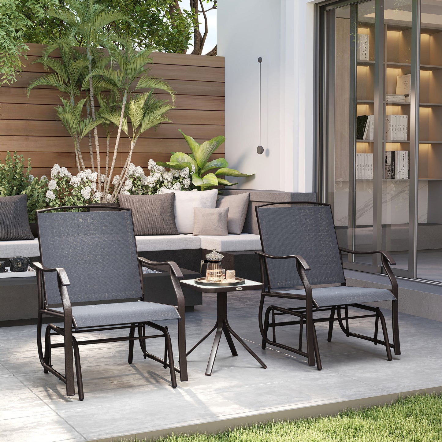 3 Piece Outdoor Glider Chair With Coffee Table And 2 Patio Chairs Supports Up To 352 Lbs For Backyard And Garden Gray