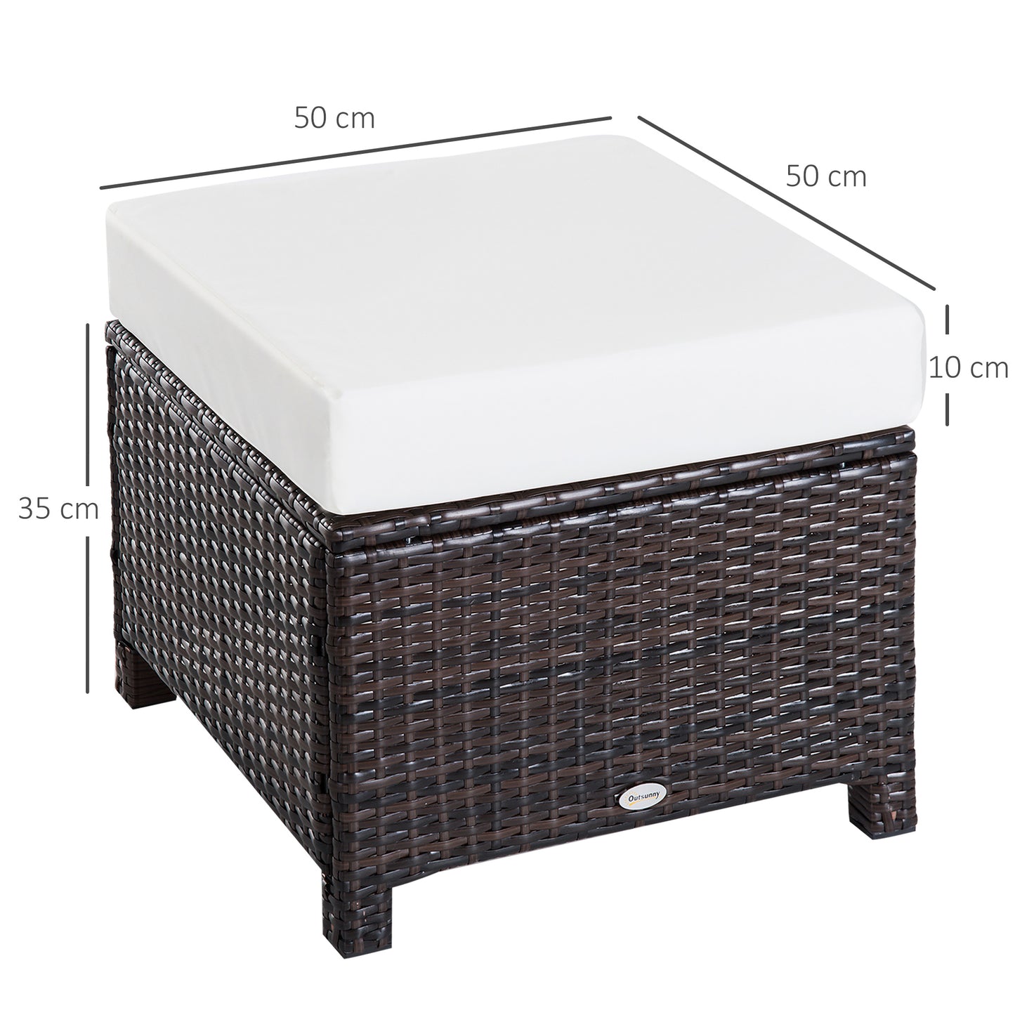 Rattan Footstool Wicker Ottoman With Padded Seat Cushion Outdoor Patio Furniture For Garden Poolside Living Room, 50 X 50 X 35 Cm, Brown