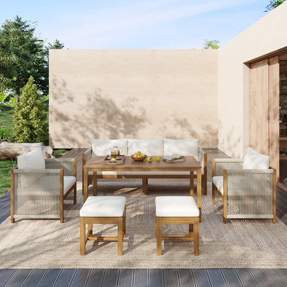 7-Seater Garden Lounge & Dining Set, Acacia Wood Frame Outdoor Patio Furniture, Rope Weaving, Acacia Wood Tabletop, Includes All Chairs & Backrest Cushions, Beige