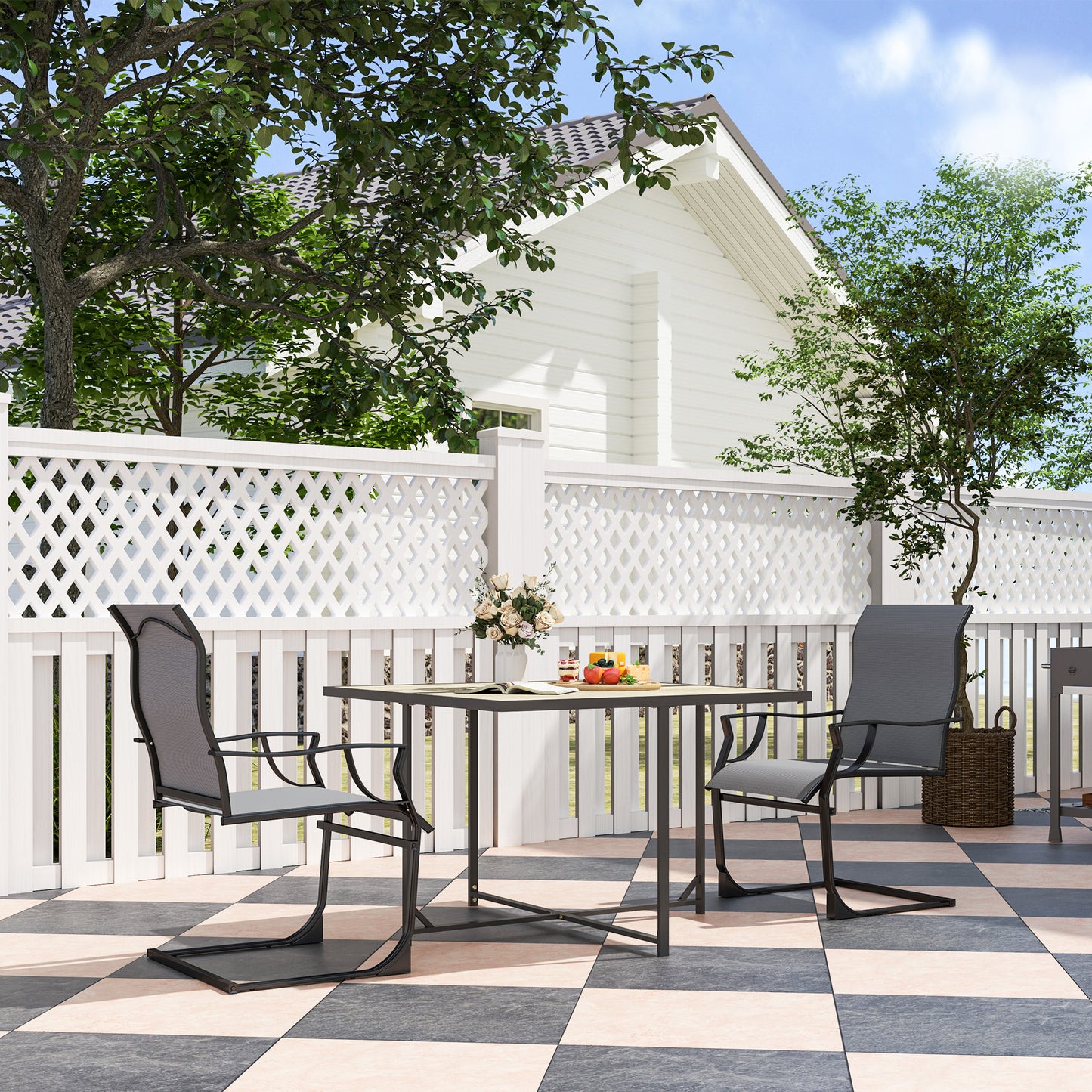Patio Dining Chairs Set Of 2 With High Backrest, Armrest, Breathable Fabric & Metal Frame, 256LBS, Light Gray