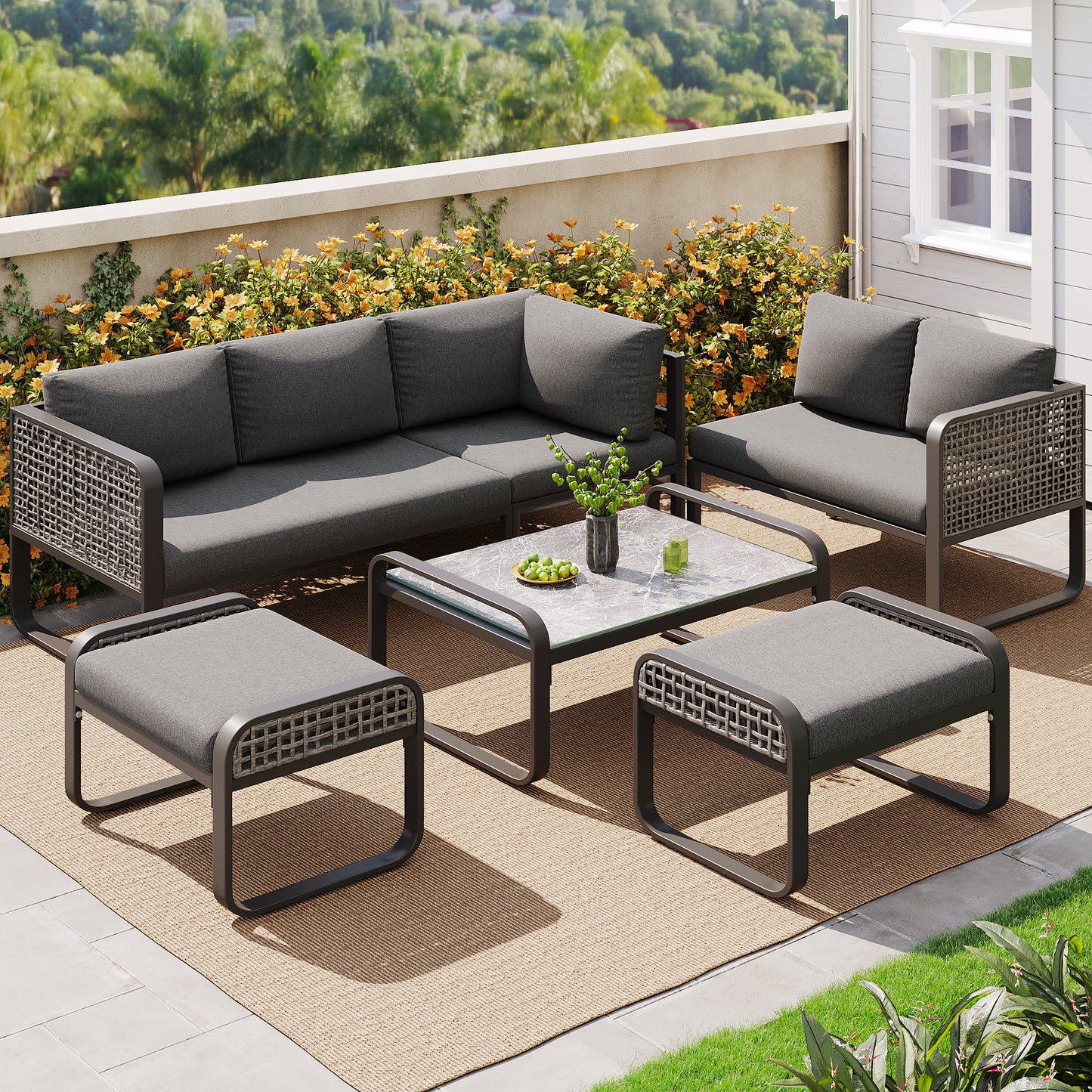 Outdoor Garden Lounge Set, Rattan Furniture Set For 6-7 People, Corner Sofa With Galvanised Iron Frame, Adjustable Legs, Includes All Seat And Back Cushions, Grey