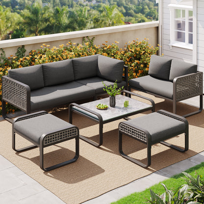 Outdoor Garden Lounge Set, Rattan Furniture Set For 6-7 People, Corner Sofa With Galvanised Iron Frame, Adjustable Legs, Includes All Seat And Back Cushions, Grey