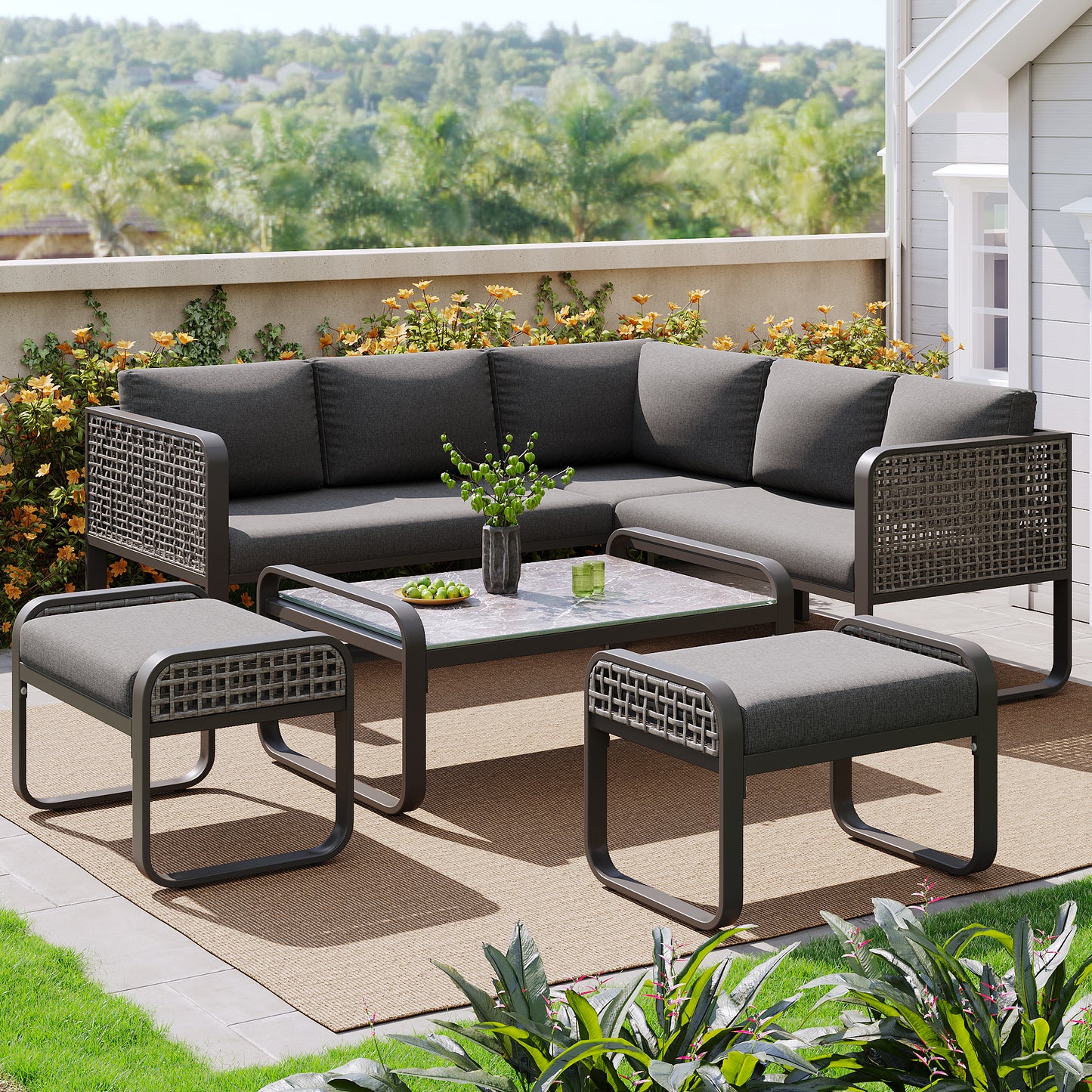 Outdoor Garden Lounge Set, Rattan Furniture Set For 6-7 People, Corner Sofa With Galvanised Iron Frame, Adjustable Legs, Includes All Seat And Back Cushions, Grey