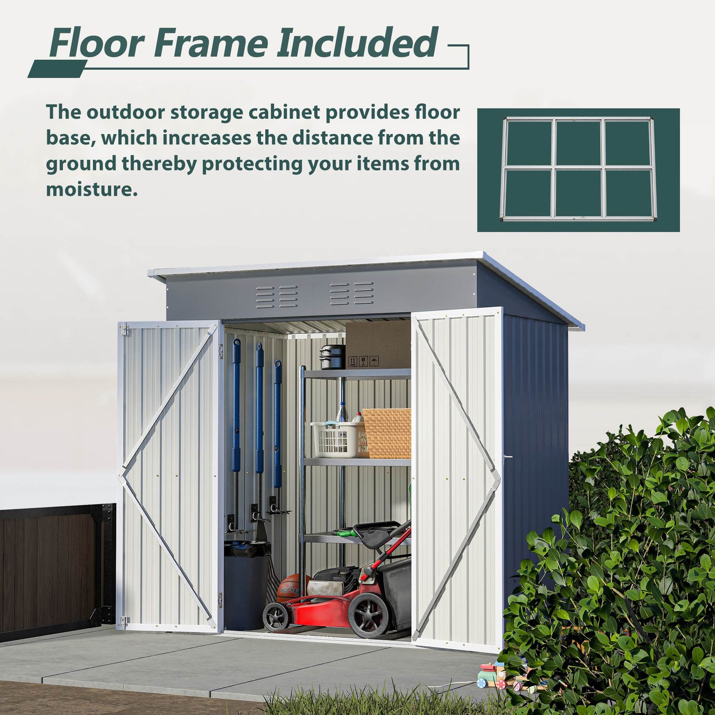 6'x4' Outdoor Metal Storage Shed For Garden Tools Lockable Door With Floor Frame