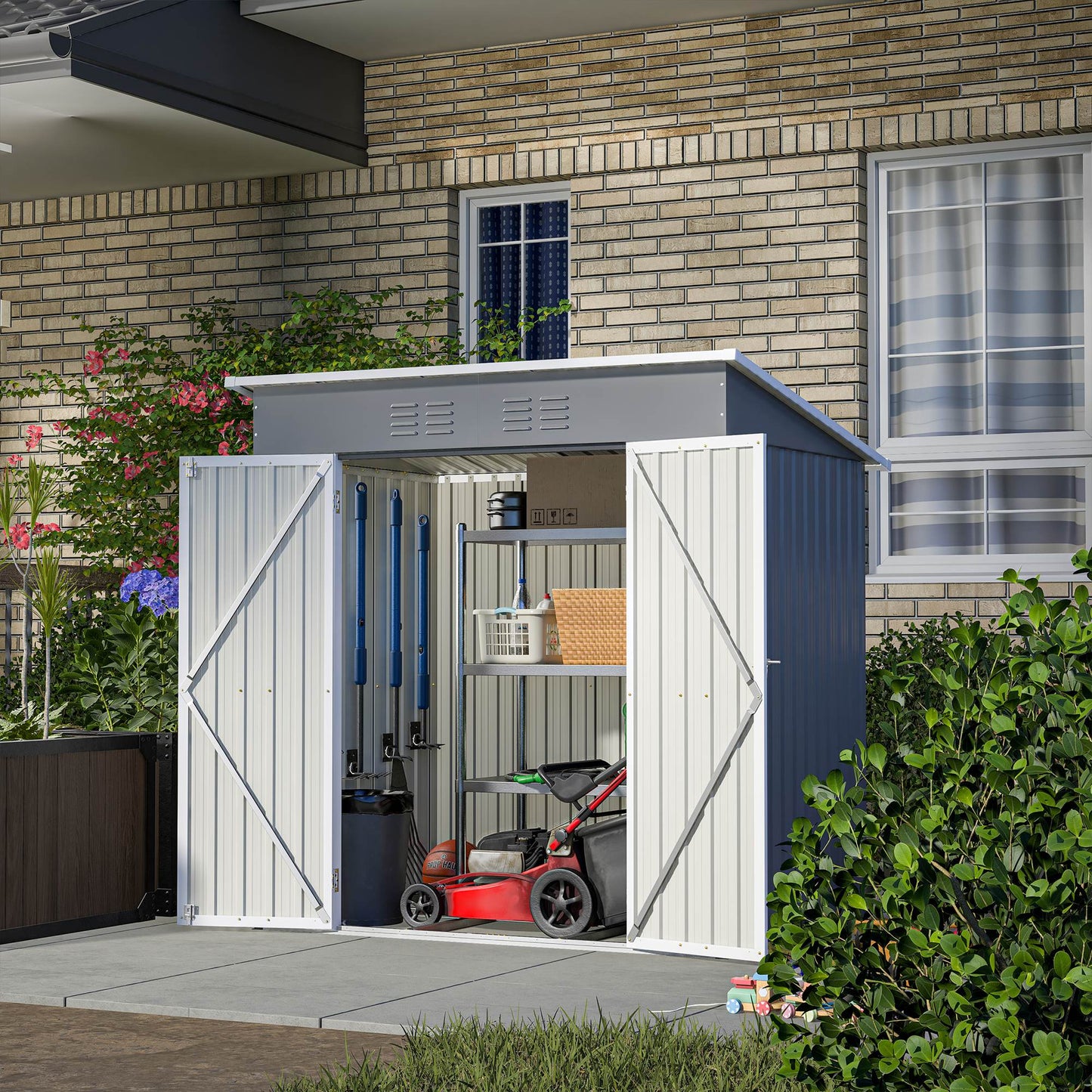 6'x4' Outdoor Metal Storage Shed For Garden Tools Lockable Door With Floor Frame