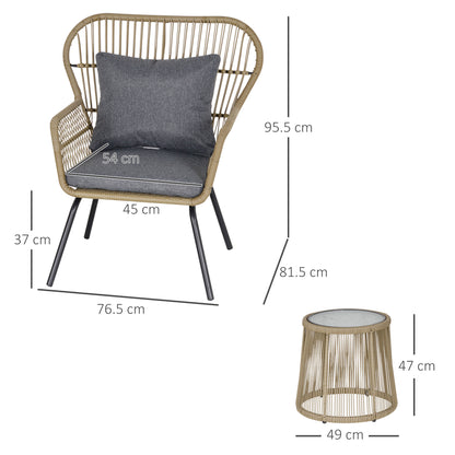 3 Pieces Rattan Bistro Set, Wicker Garden Furniture Set With Cushions, Glass Top Coffee Table And Chairs For Outdoor, Patio, Balcony, Brown