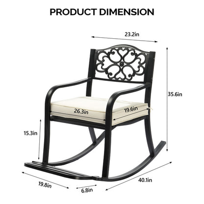 Metal Rocking Chair, Outdoor Rocking Bench With Cushion, Patio Rocker With Footrest, Weatherproof Rocking Chair For Outside, Patio, Garden, Flower Backrest