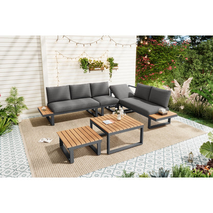 5-6 Seater Garden Lounge Set, Galvanized Iron Frame Outdoor Patio Furniture, 6-Piece Set, Reclining & Adjustable Seating, 2 WPC Tabletop Table Included, Gray Fabric  Black Frame