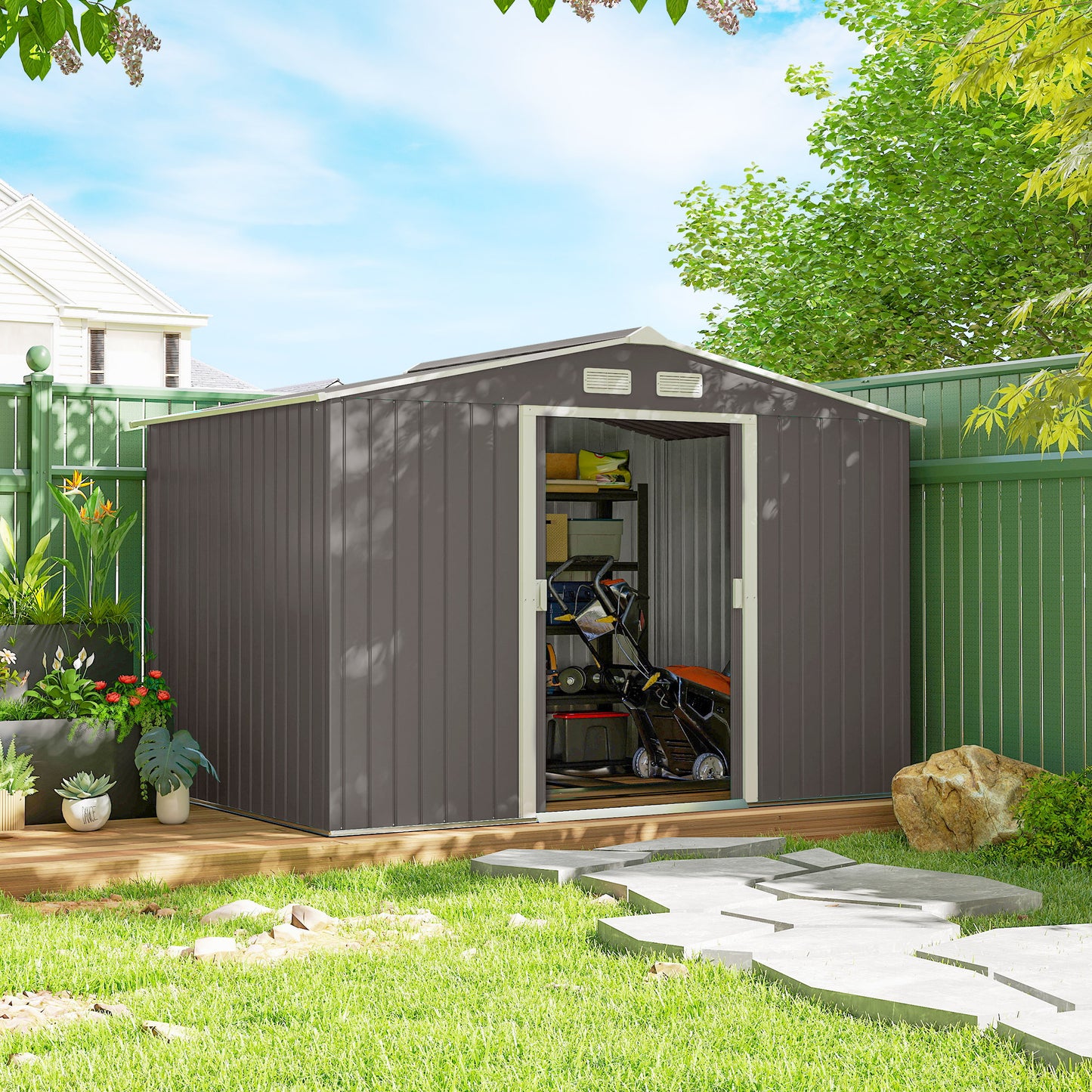 9 X 6FT Outdoor Garden Roofed Metal Storage Shed Tool Box With Foundation Ventilation & Doors Light, Grey