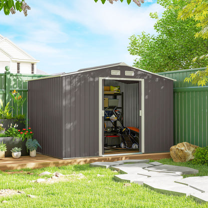 9 X 6FT Outdoor Garden Roofed Metal Storage Shed Tool Box With Foundation Ventilation & Doors Light, Grey