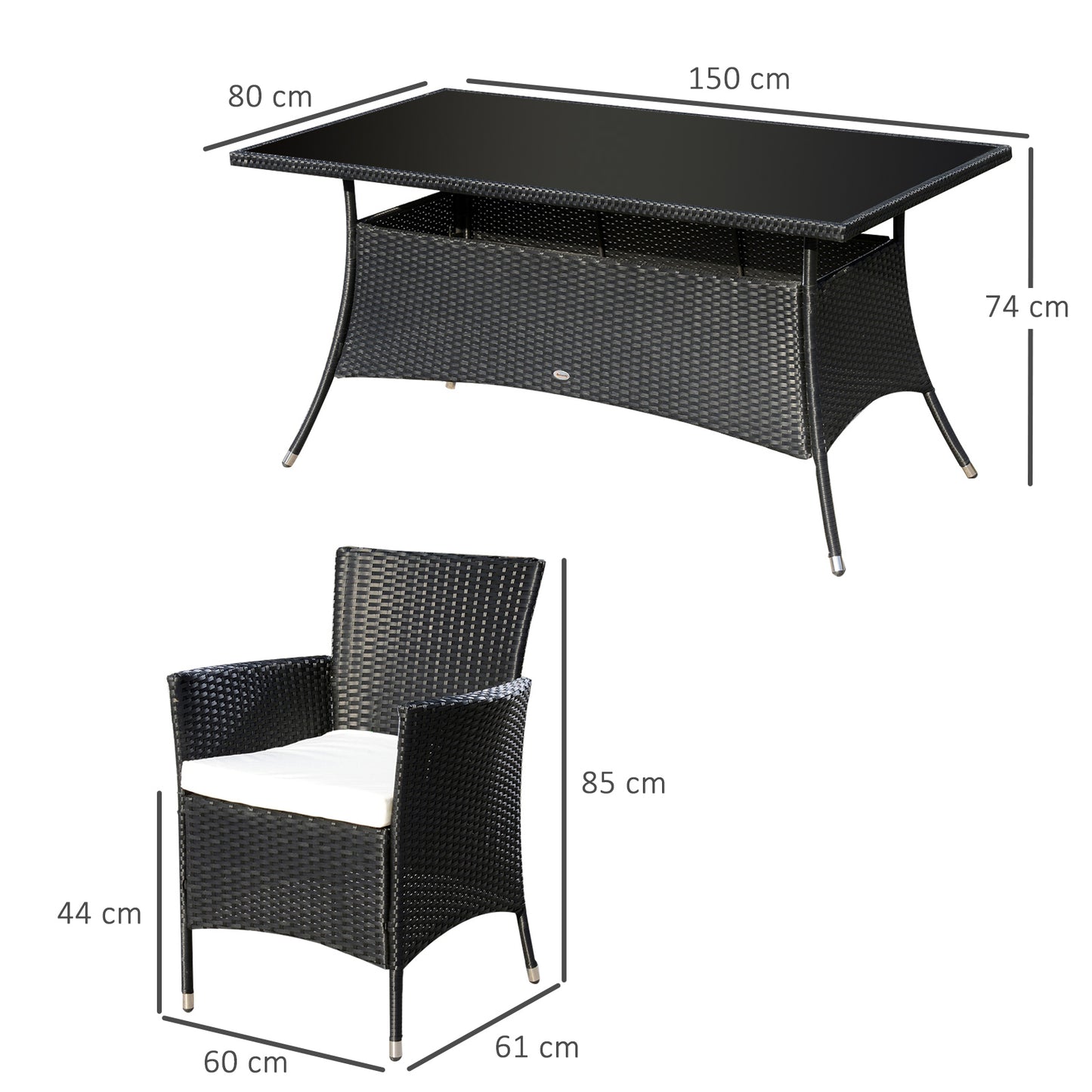 6 Seater Rattan Dining Set With Cushions, Rattan Garden Furniture Set With 6 Armchairs, Rectangular Glass Top Table, Outdoor Dining Table And Chairs, Black