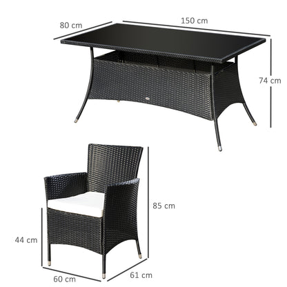 6 Seater Rattan Dining Set With Cushions, Rattan Garden Furniture Set With 6 Armchairs, Rectangular Glass Top Table, Outdoor Dining Table And Chairs, Black