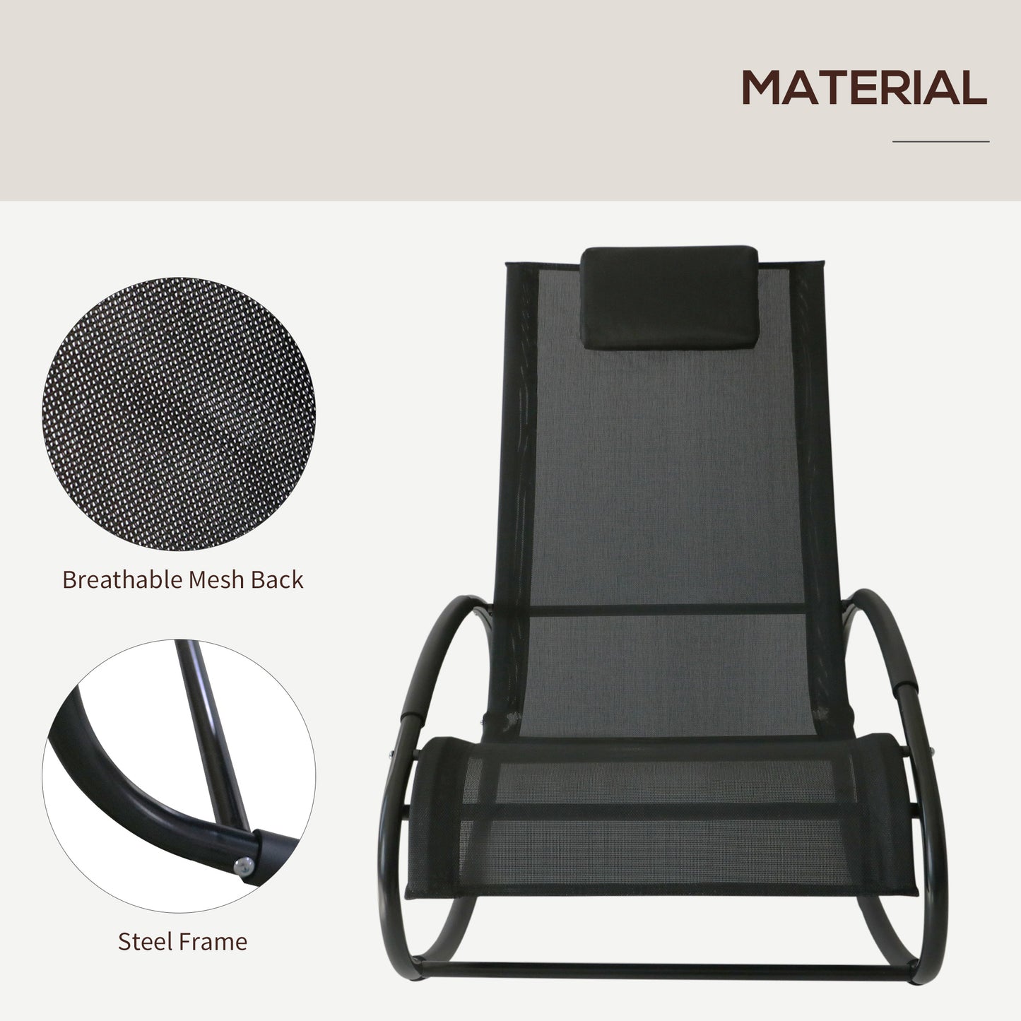 Patio Rocking Chair, Outdoor Chaise Lounger With Headrest Pillow And Breathable Fabric For Backyard, Living Room, Deck And Poolside, Black