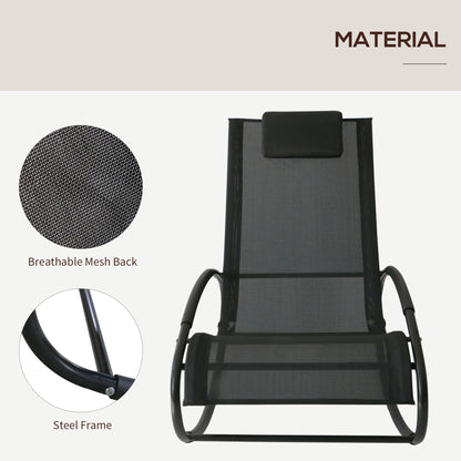 Patio Rocking Chair, Outdoor Chaise Lounger With Headrest Pillow And Breathable Fabric For Backyard, Living Room, Deck And Poolside, Black
